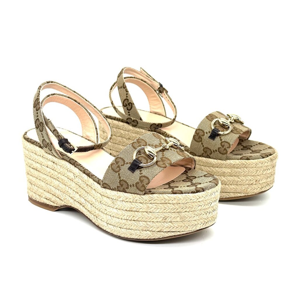 Gucci Horsebit GG Supreme Platform Espadrille Wedge Heel Sandals Shoes - Picture 10 of 16